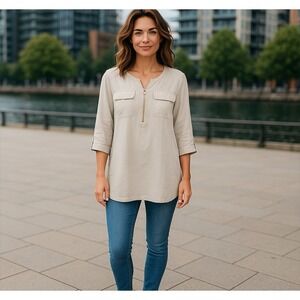 Ellen Tracy Women's M Champagne 100% Linen Sustainable Minimalist Eco‎ Neutral